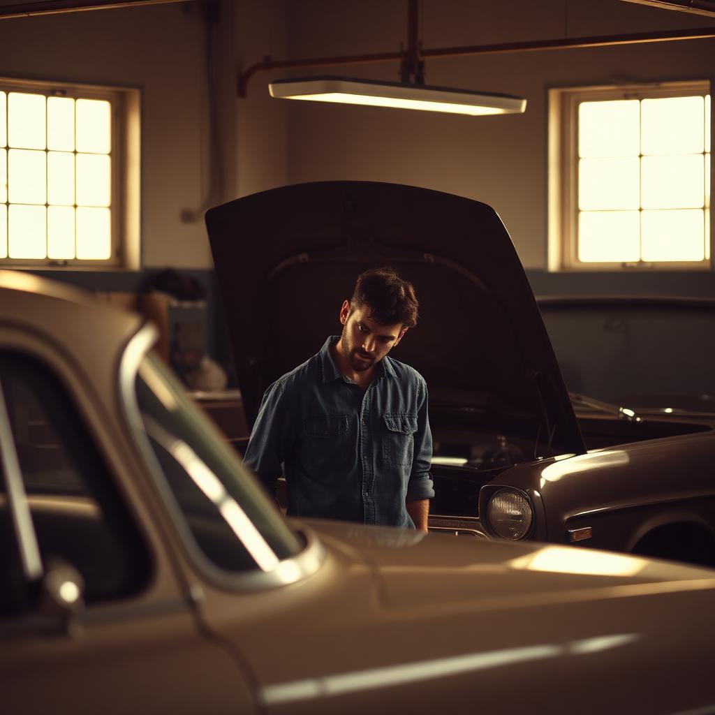 Mechanic inspecting an older sedan in a warm-lit workshop